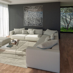 Fototapeta premium 3D render, illustration Fan Ventilation Large Luxury modern living room interior, brutalist architecture realistic lighting, Graphic Overlay wide angle, contemporary furniture, clean lines, minimal
