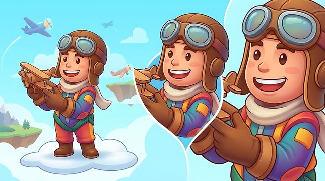 Cartoon aviators flying in the sky among white clouds.