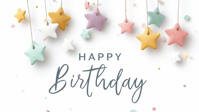 Colorful hanging stars and confetti with happy birthday text on white background