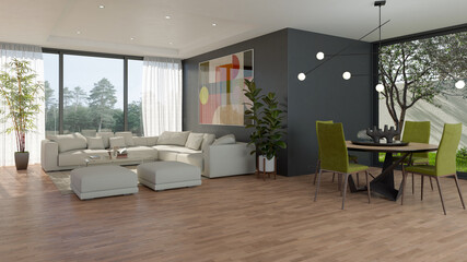 Fototapeta premium 3D render, illustration Fan Ventilation Large Luxury modern living room interior, brutalist architecture realistic lighting, Graphic Overlay wide angle, contemporary furniture, clean lines, minimal