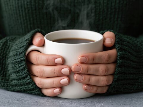 Woman holding a steaming hot mug in her hands for a cozy warm winter tea break