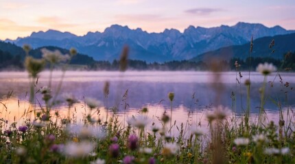 Naklejka premium Alpine lake at dawn with misty mountains and wildflowers