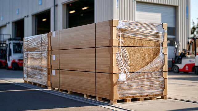 Large laminated wooden panels stacked on pallets near an indoor loading zone, protective cardboard corners and plastic wrapping partially covering the boards, warehouse doors and logistics equipment