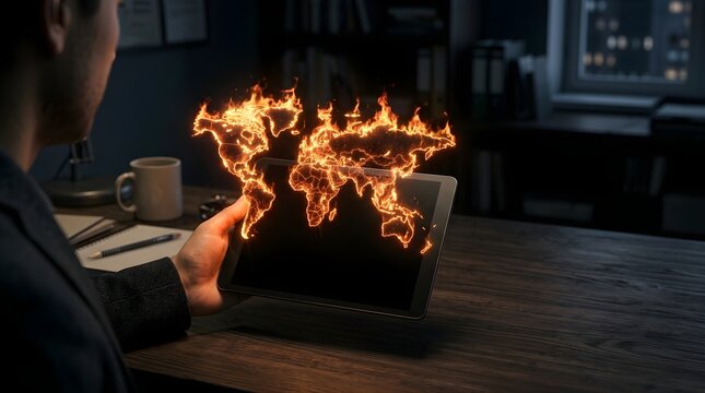 Businessman viewing a burning global world map hologram on a digital tablet