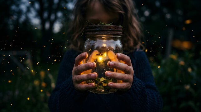 Child holding a glowing firefly in a glass jar outdoors at night