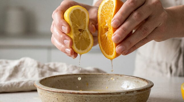 Close-up of hands squeezing fresh lemon and orange juice into a bowl.