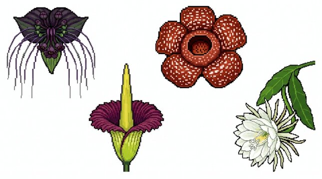 Pixel Art Style Illustration of Rare Exotic Rafflesia Titan Arum and Bat Flower on White Background