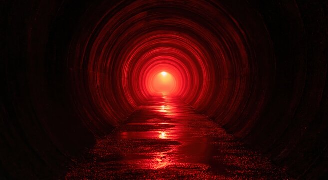 Tunnel with a dark industrial glow and eerie red light reflecting on wet ground