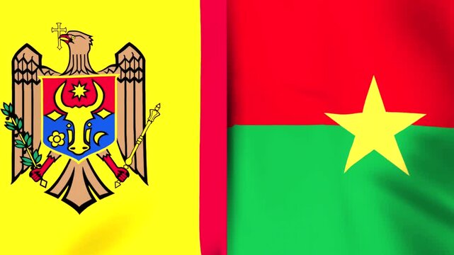 Waving national flags of Moldova and Burkina Faso side by side showing diplomatic relations