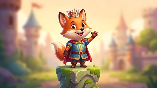 Cartoon fox prince standing before a fantasy fairy castle.