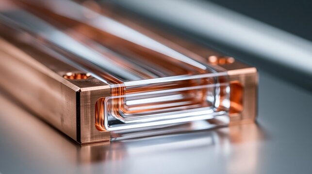 Copper heat sink with intricate channels resting on a reflective surface, suitable for industrial concept and technological advancement imagery