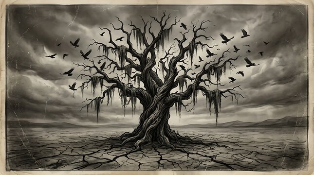 A spooky old tree with hanging moss and flying crows in a dark landscape for a halloween themed background