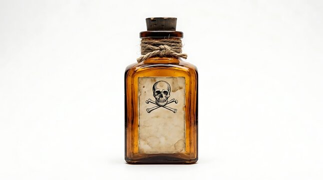 An old vintage amber glass apothecary bottle with a skull label perfect for a spooky halloween decoration theme