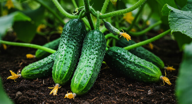 Fresh cucumber growing on a vine with water droplets and yellow flowers in garden soil. Organic gardening, sustainable farming, harvest and healthy food concept.