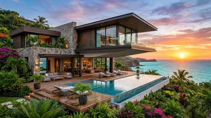 Fototapeta premium Luxury Modern Villa Featuring an Infinity Pool Overlooking a Tropical Ocean Sunset