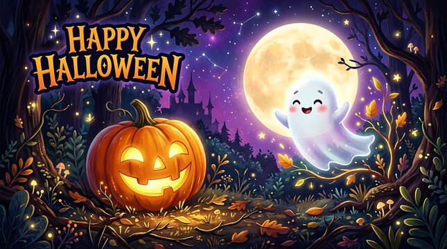A spooky and delightful halloween night jack o' lanterns ghosts and a full moon create a magical and eerie atmosphere for all