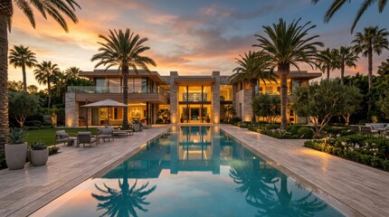 Fototapeta premium Luxurious Modern Mansion Exterior with Infinity Pool and Palm Trees at Sunset
