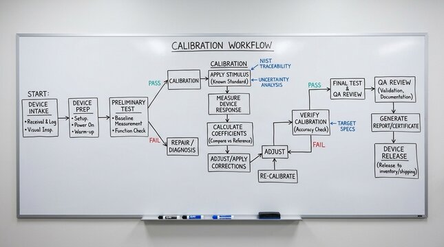 Calibration workflow whiteboard mapping the device testing process with connecting arrows.