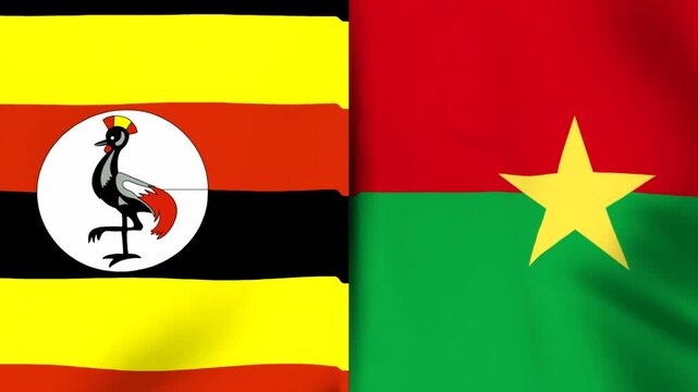 Waving national flags of Uganda and Burkina Faso side by side as a split screen composition