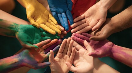 Fototapeta premium Hands covered in colorful paint forming a circle to show unity and diversity team