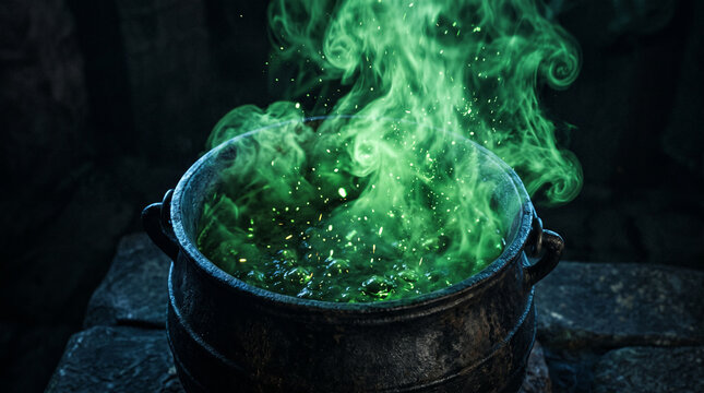 A bubbling cast iron cauldron filled with a glowing magical green potion emitting swirling smoke