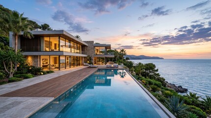 Fototapeta premium Luxurious Modern Villa Architecture with an Infinity Swimming Pool Overlooking the Mediterranean Sea at Sunset