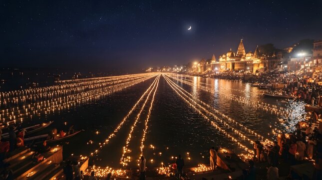 Varanasi ghats illuminated with thousands of oil lamps during a grand evening festival