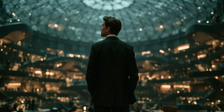 futuristic businessman standing in a vast domed atrium, elegant businessman in a futuristic architectural interior, corporate executive in a dramatic modern atrium standing pose