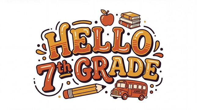 Retro Hello 7th Grade typography, vintage back to school lettering with bus and apple, seventh grade student welcome graphic