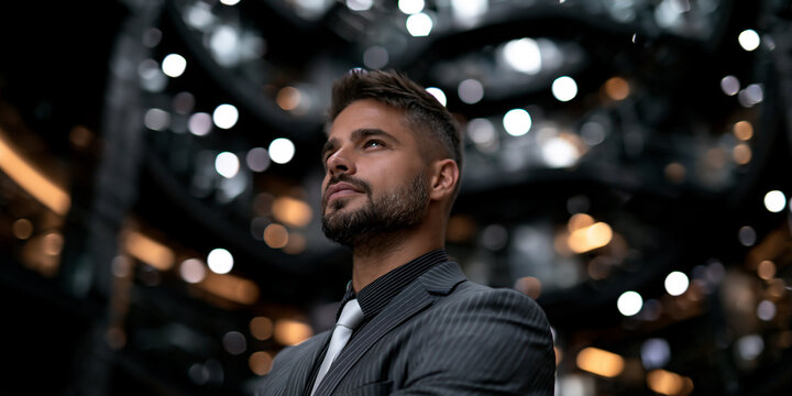 futuristic businessman standing in a vast domed atrium, elegant businessman in a futuristic architectural interior, corporate executive in a dramatic modern atrium standing pose