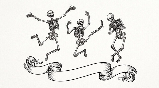 Three dancing skeletons with a blank vintage ribbon banner isolated on white background