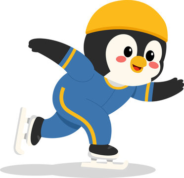 Cute penguin speed skating on ice vector illustration