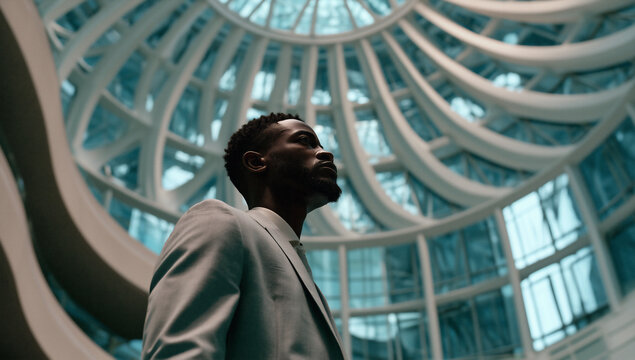 futuristic businessman standing in a vast domed atrium, elegant businessman in a futuristic architectural interior, corporate executive in a dramatic modern atrium standing pose