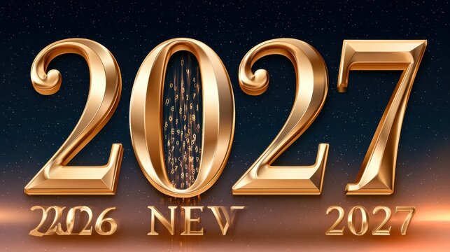 Golden 2027 New Year countdown typographic motion graphic with glowing numbers and starry background