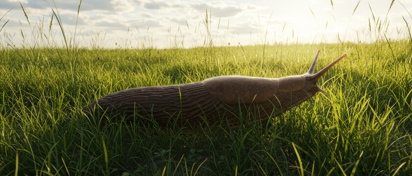 Large slug crawling through sunlit grass in a meadow. Wildlife closeup representing slow movement, garden ecology, natural habitat, and biodiversity with copy space.