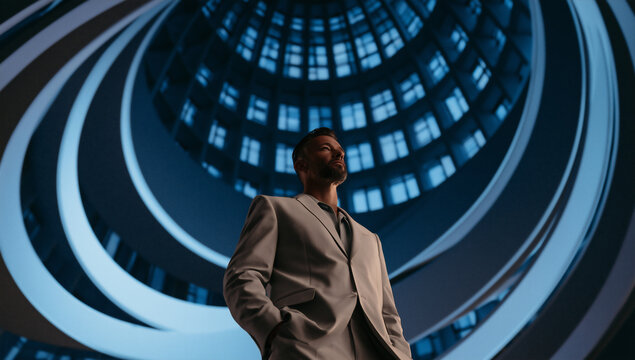 futuristic businessman standing in a vast domed atrium, elegant businessman in a futuristic architectural interior, corporate executive in a dramatic modern atrium standing pose