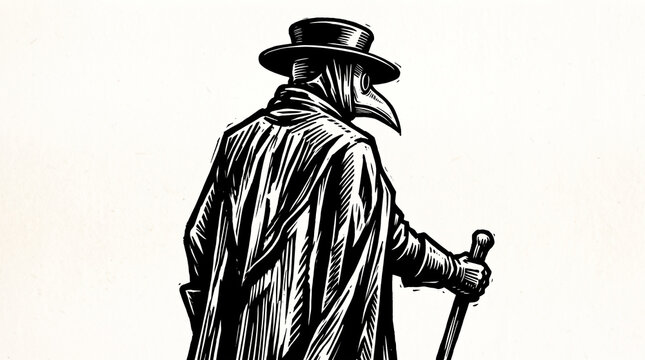 Plague doctor in a long coat and hat with a bird beak mask holding a walking cane