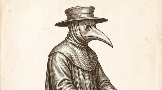 Historical illustration of a plague doctor wearing a traditional birdlike mask and widebrimmed hat