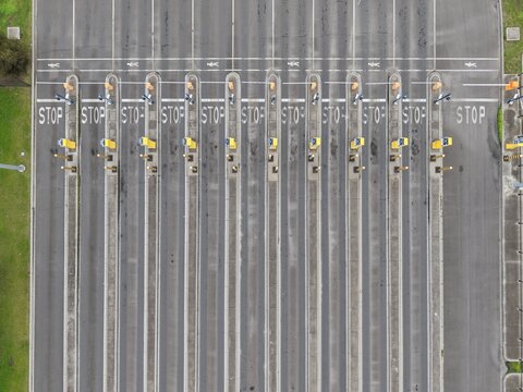 Aerial view empty toll plaza highway infrastructure