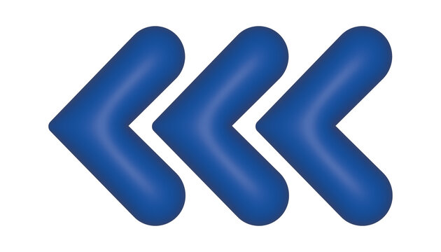 Blue triple chevron left arrow, rewind back button vector icon