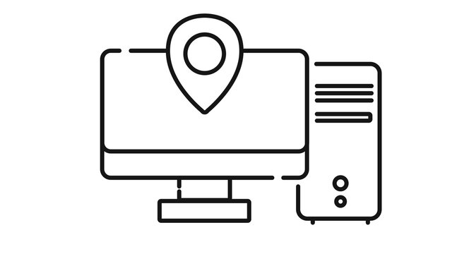 Desktop computer tower and monitor with location map pin on screen icon. Black line art style on white background. 