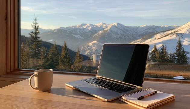 Laptop and computer for remote work in a scenic winter office with mountain view