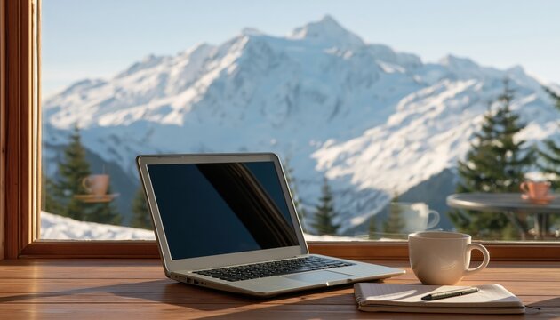 Laptop and computer on a desk by a window with a snowy mountain view and coffee