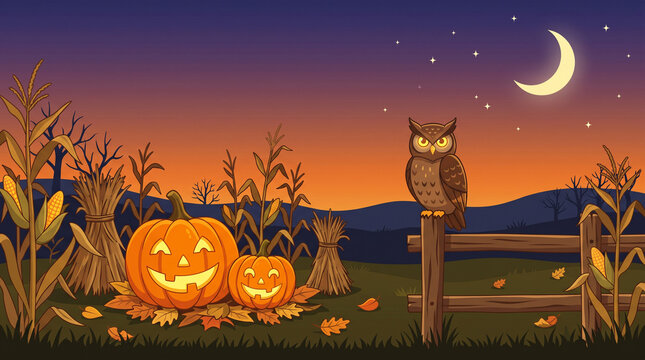 Halloween night landscape with jackolantern pumpkins, an owl on a wooden fence, and corn stalks