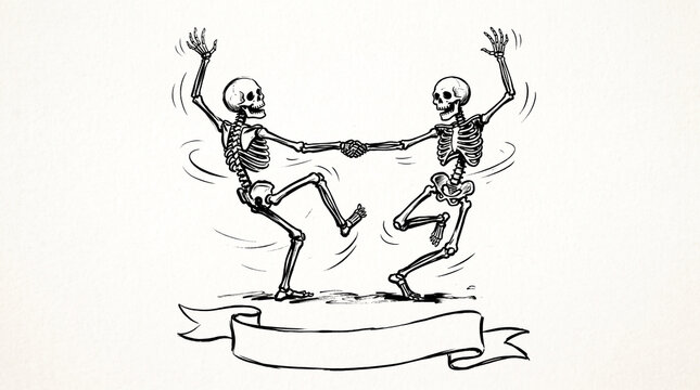 Two dancing skeletons holding hands with a blank banner isolated on white background