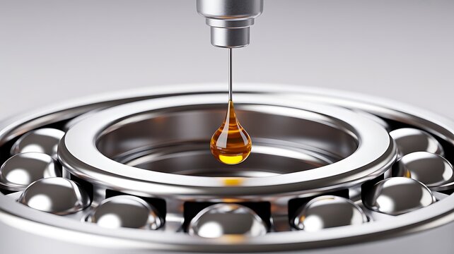Industrial bearing receiving precision oil lubrication from a dispensing nozzle