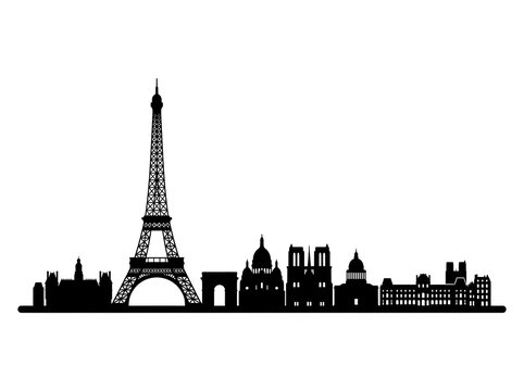 Paris skyline silhouette illustration with Eiffel Tower and famous French city landmarks
