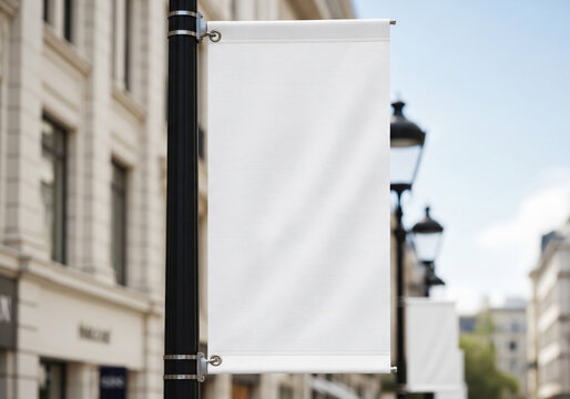 Blank White Vertical Street Banner Mockup on Black Pole in City