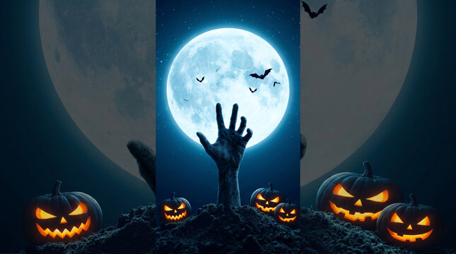 Spooky halloween background with a zombie hand rising from the grave under a full moon with jackolanterns