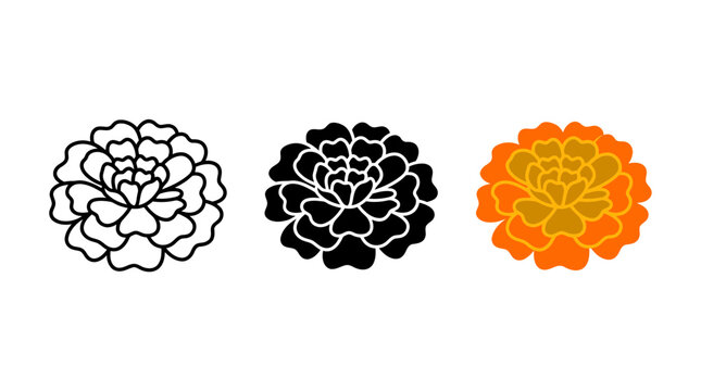 Marigold flower icon set in outline solid colorful flat design styles marigold abstract